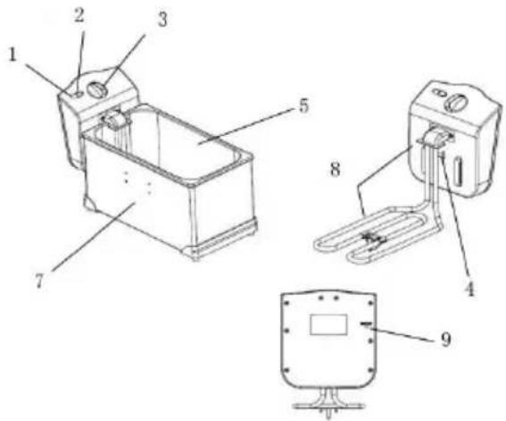 Technical diagram of a device with numbered components, including a battery box and a control panel.