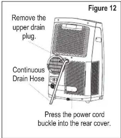 Figure 12 Remove the upper drain plug. Continuous Drain Hose Press the power cord buckle into the rear cover.