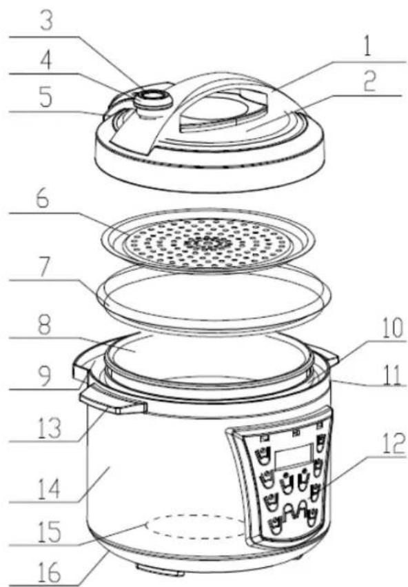Labeled diagram of a rice cooker interior with numbered parts for identification