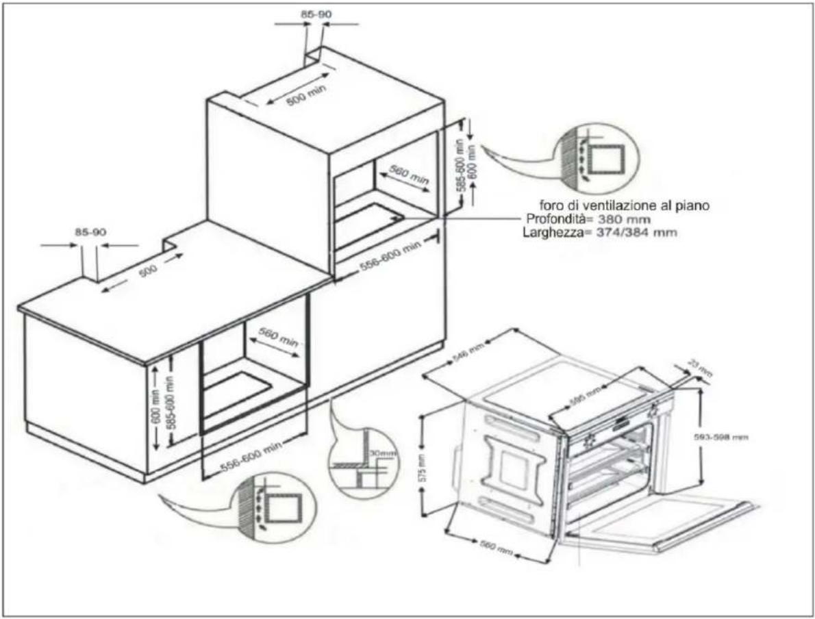 85-90 500 min 560 min 585-600 min 556-600 min 85-90 600 560 min 585-600 min 556-600 min foro di ventilazione al piano Profondità= 380 mm Larghezza= 374/384 mm 548 mm 595 mm 23 mm 575 mm 593-598 mm 30mm 560 mm