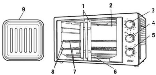 Technical diagram of a microwave oven with numbered parts for identification