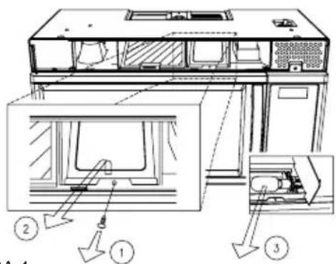 Technical diagram of a computer setup with labeled components and directional arrows indicating assembly or movement.