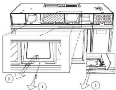 Technical diagram of a device with labeled components and directional arrows indicating assembly or installation steps.