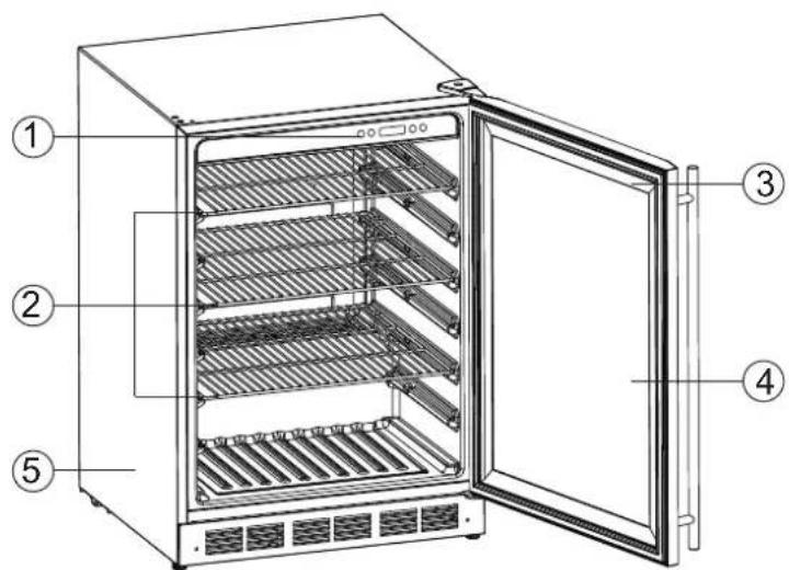 Labeled diagram of an open refrigerator with numbered parts for identification