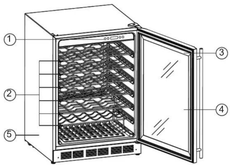 Technical diagram of an open refrigerator with numbered parts for identification