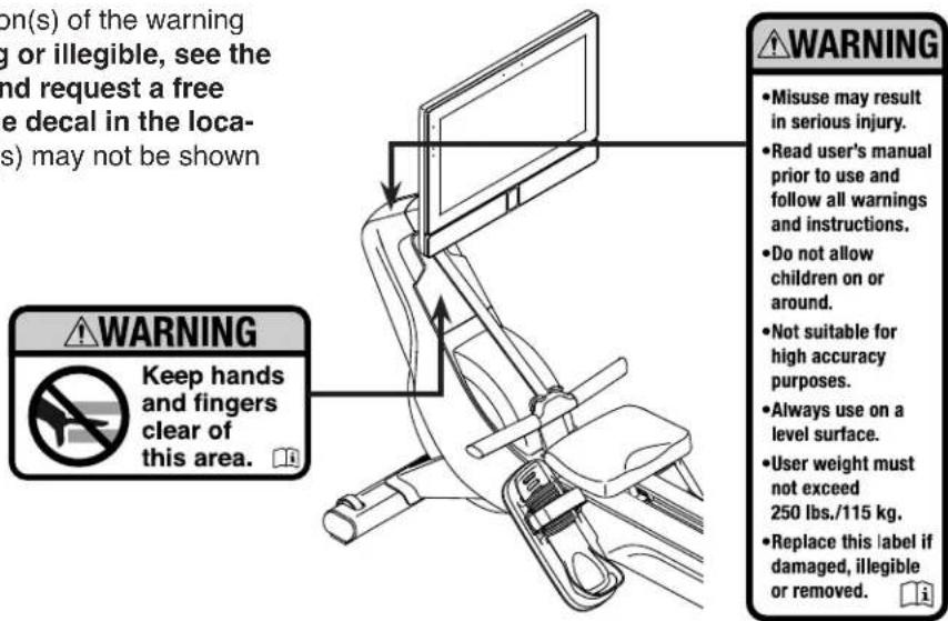 on(s) of the warning g or illegible, see the nd request a free e decal in the loca- (s) may not be shown WARNING Keep hands and fingers clear of this area. WARNING • Misuse may result in serious injury. • Read user's manual prior to use and follow all warnings and instructions. • Do not allow children on or around. • Not suitable for high accuracy purposes. • Always use on a level surface. • User weight must not exceed 250 lbs./115 kg. • Replace this label if damaged, illegible or removed.