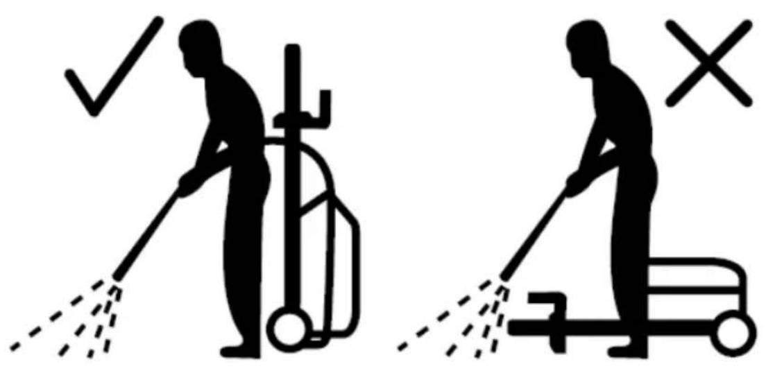 Two black-and-white pictograms showing a person cleaning a pump truck with checkmark and cross symbols indicating compliance or rejection.