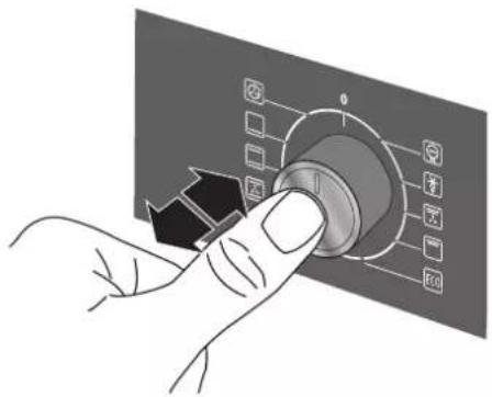 Hand holding a rotary knob with control buttons and directional arrows, showing various icons for dial setting.
