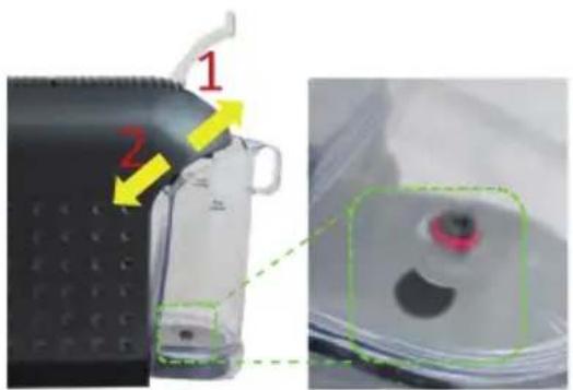 Technical diagram showing a device with labeled parts and a close-up of a component, likely illustrating a mechanical or electrical assembly.