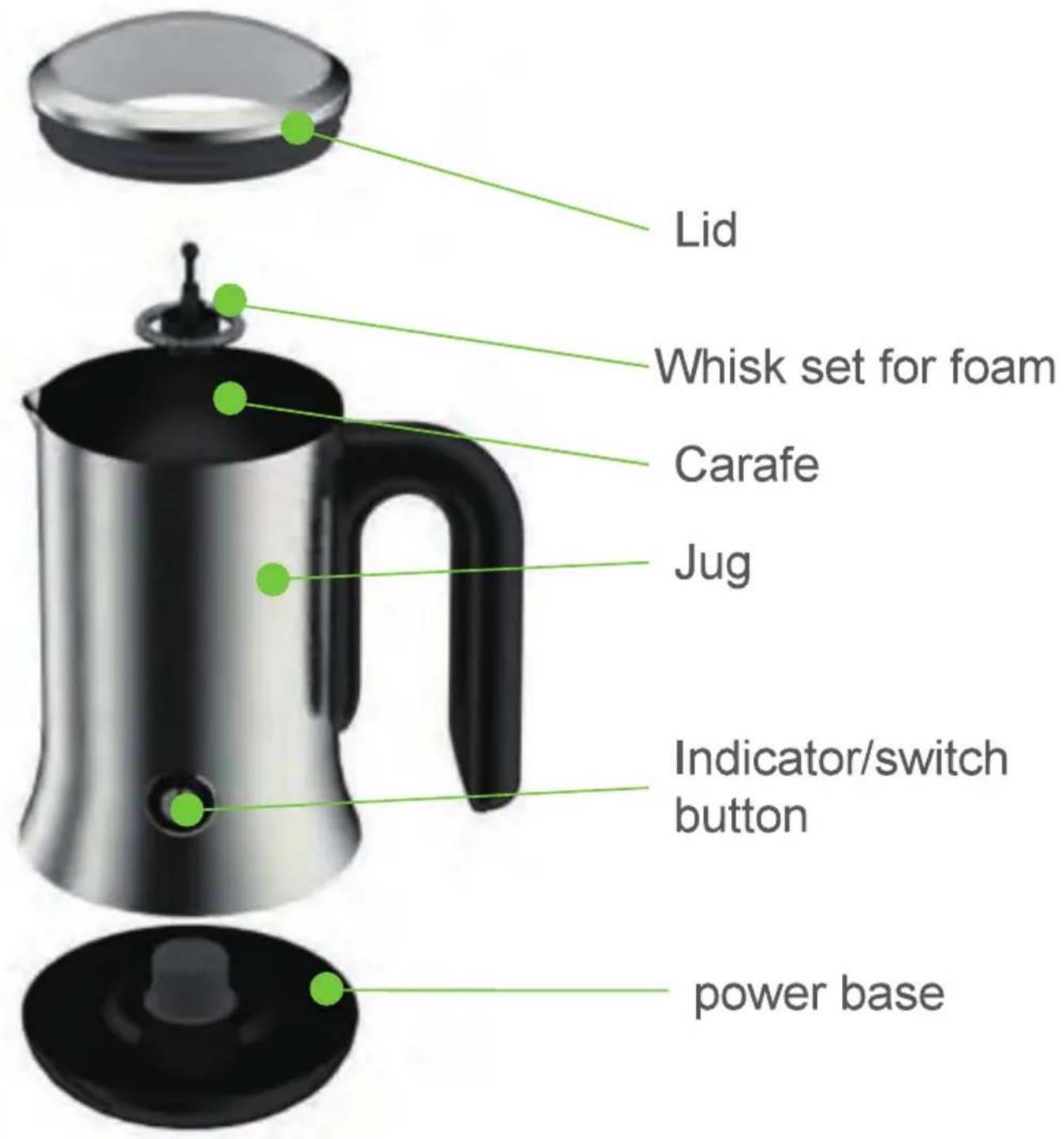 Lid Whisk set for foam Carafe Jug Indicator/switch button power base
