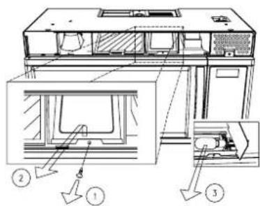 Technical diagram of a kitchen appliance with labeled parts and directional arrows indicating assembly or inspection.