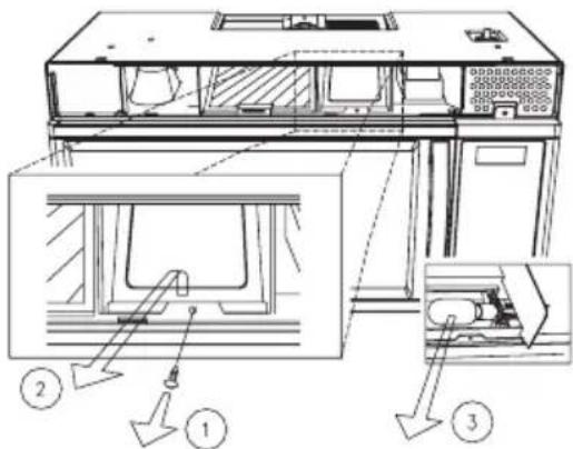 Technical diagram of a 3D printer or printer with labeled parts and internal components, showing exploded view and assembly details.