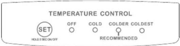 TEMPERATURE CONTROL SET OFF COLD COLDER COLDEST HOLD 3 SEC ON/OFF RECOMMENDED