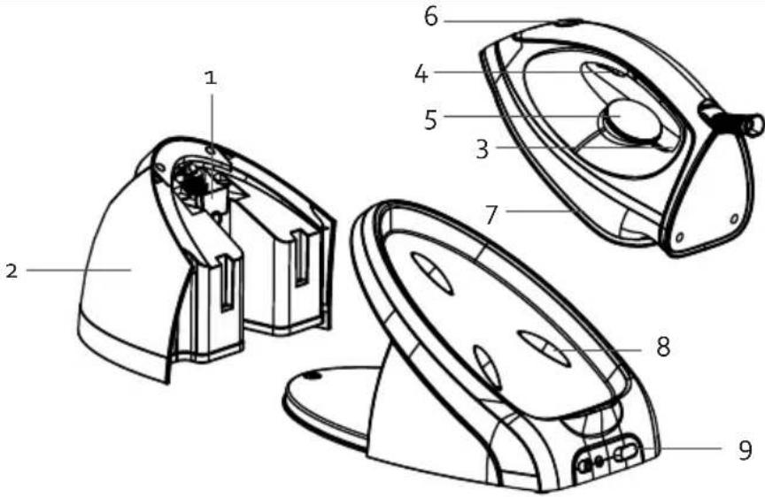 Technical diagram of a device with numbered parts for identification