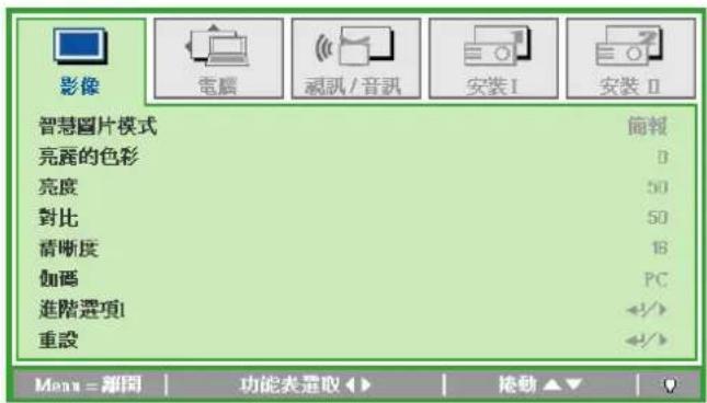 影像 電腦 視訊/音訊 安裝I 安裝II 智慧圖片模式 簡報 亮丽的色彩 0 亮度 50 對比 50 清晰度 16 伽碼 PC 進階選項1 ←/→ 重設 ←/→ Menu = 離同 | 功能表選取◀▶ | 挫動▲▼ | ?