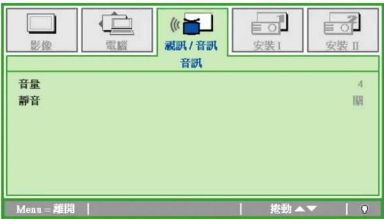 影像 電腦 視訊 / 音訊 安裝 I 安裝 II 音訊 音量 靜音 4 關 Menu = 離開 捲動 ▲▼