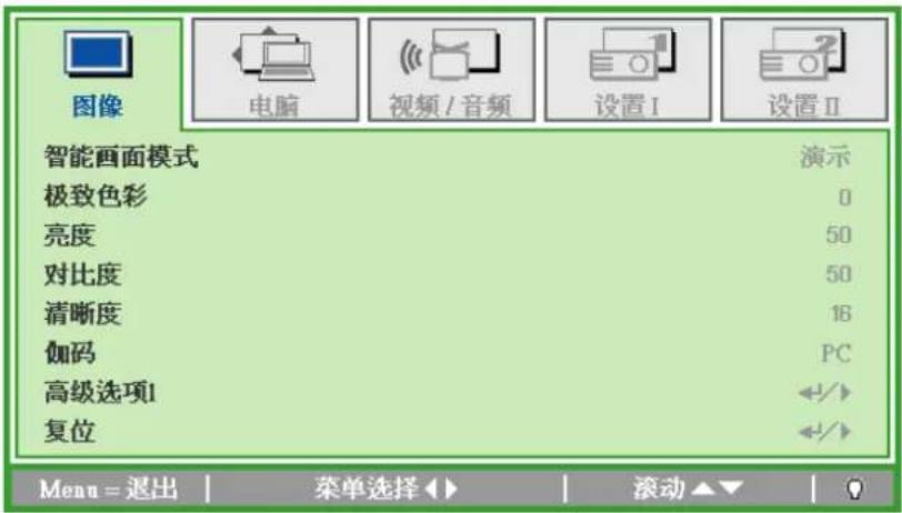 图像 电脑 视频 / 音频 设置 I 设置 II 智能画面模式 演示 极致色彩 0 亮度 50 对比度 50 清晰度 16 伽码 PC 高级选项1 +/+ 复位 +/+ Menu = 退出 | 菜单选择 ▶ | 滚动 ▼ | ?
