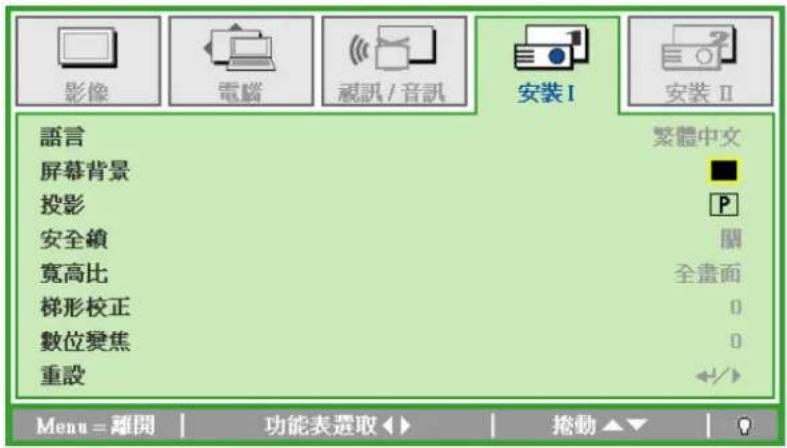 影像 電腦 視訊 / 音訊 安裝 I 安裝 II 語言 繁體中文 屏幕背景 投影 安全鎖 關 寬高比 全畫面 梯形校正 0 數位變焦 0 重設 Menu = 離開 | 功能表選取◀▶ | 撲動▲▼ | ◆