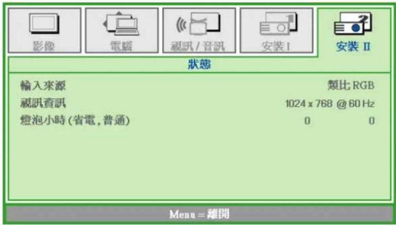 影像 電腦 視訊/音訊 安裝I 安裝Ⅱ 狀態 輸入來源 類比:RGB 視訊資訊 1024 x 768 @60 Hz 燈泡小時(省電,普通) 0 0 Menu=離開