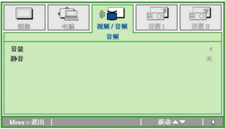 图像 电脑 视频 / 音频 设置Ⅰ 设置Ⅱ 音频 音量 4 静音 关 Menu = 退出 | 滚动▲▼ | ?