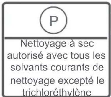P Nettoyage à sec autorisé avec tous les solvants courants de nettoyage excepté le trichloréthylène
