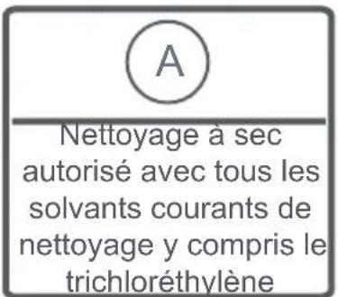 A Nettoyage à sec autorisé avec tous les solvants courants de nettoyage y compris le trichloréthylène