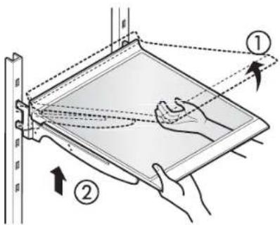 Diagram illustrating a hand holding a tray with labeled parts and directional arrows indicating movement or force.