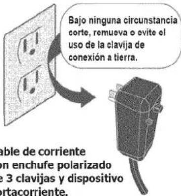 Bajo ninguna circunstancia corte, remueva o evite el uso de la clavija de conexión a tierra. able de corriente on enchufe polarizado e 3 clavijas y dispositivo ortacorriente.
