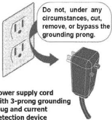 Do not, under any circumstances, cut, remove, or bypass the grounding prong. Power supply cord with 3-prong grounding rug and current detection device