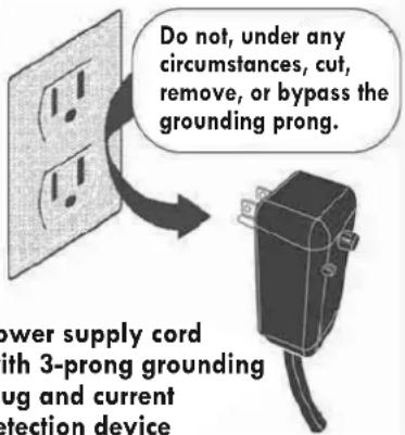 Do not, under any circumstances, cut, remove, or bypass the grounding prong. Power supply cord with 3-prong grounding rug and current detection device
