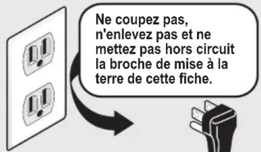 Ne coupez pas, n'enlevez pas et ne mettez pas hors circuit la broche de mise à la terre de cette fiche.