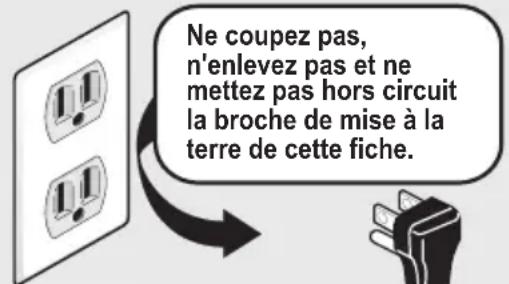 Ne coupez pas, n'enlevez pas et ne mettez pas hors circuit la broche de mise à la terre de cette fiche.