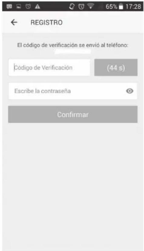 REGISTRO El código de verificación se envió al teléfono: Código de Verificación (44 s) Escribe la contraseña Confirmar