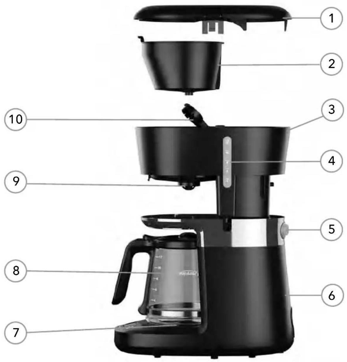 Labeled diagram of a coffee maker with numbered parts for identification