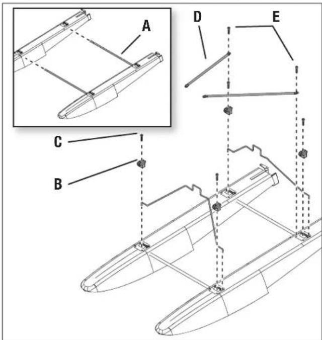 Technical diagram of a boat hull with labeled components A, B, C, D, and E, showing structural details and assembly lines.