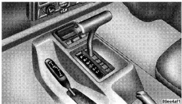 Interior view of a car dashboard with hand crank and control panel (no visible text or symbols)