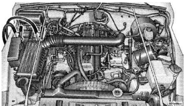 Detailed cutaway view of a car's internal engine bay showing hoses, springs, and structural components (no text or labels visible)