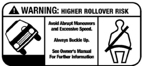 WARNING: HIGHER ROLLOVER RISK Avoid Abrupt Maneuvers and Excessive Speed. Always Buckle Up. See Owner's Manual For Further Information