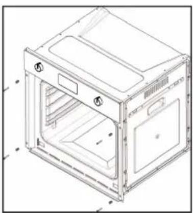 Line drawing of a 3D oven or oven unit with internal compartments and ventilation slots (no text or symbols)