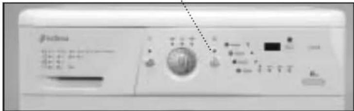 Front panel of a washing machine with control buttons and display screen showing brand name and status