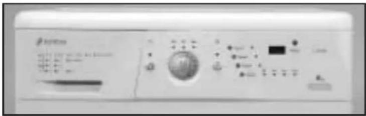 Front panel of a washing machine with control buttons and display screen showing brand name and product information