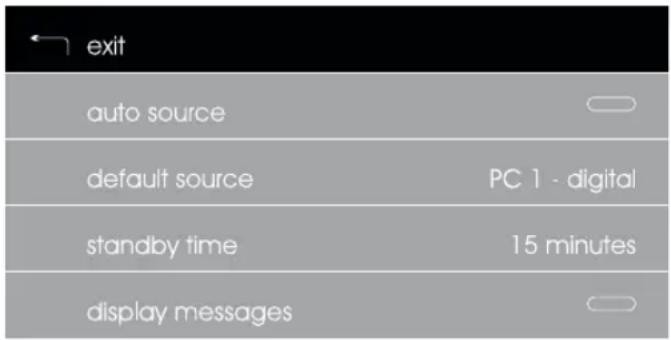 exit auto source default source PC 1 - digital standby time 15 minutes display messages