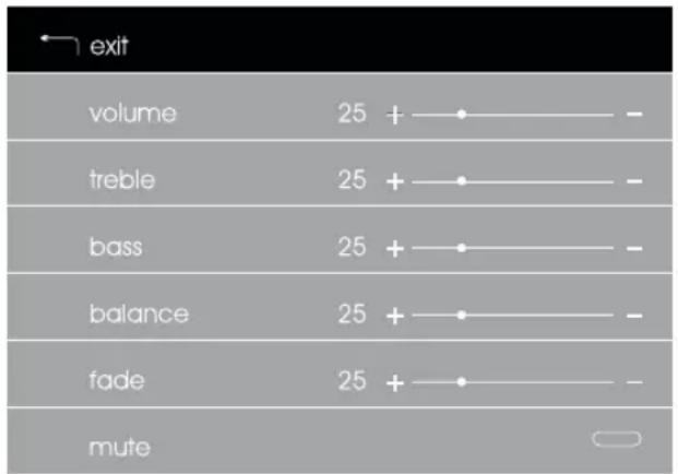 exit volume 25 + - - treble 25 + - - bass 25 + - - balance 25 + - - fade 25 + - - mute