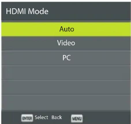 HDMI Mode Auto Video PC ENTER Select Back MENU