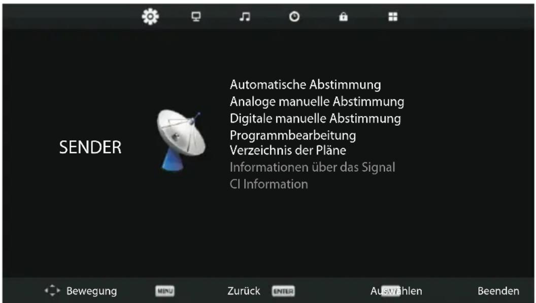 SENDER Automatische Abstimmung Analoge manuelle Abstimmung Digitale manuelle Abstimmung Programmbearbeitung Verzeichnis der Pläne Informationen über das Signal CI Information Bewegung MENU Zurück ENTER Auswählen Beenden