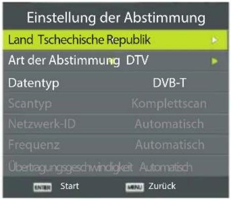 Einstellung der Abstimmung Land Tschechische Republik Art der Abstimmung DTV Datentyp DVB-T Scantyp Komplettscan Netzwerk-ID Automatisch Frequenz Automatisch Übertragungsgeschwindigkeit Automatisch ENTER Start MENU Zurück