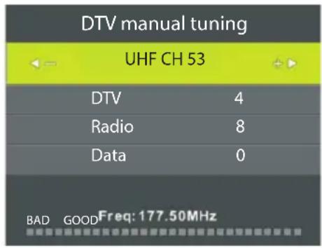 DTV manual tuning UHF CH 53 DTV 4 Radio 8 Data 0 BAD GOOD Freq: 177.50MHz