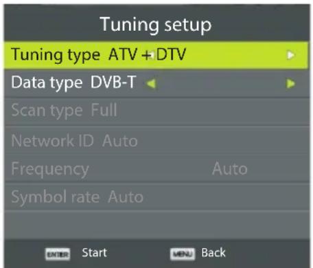 Tuning setup Tuning type ATV +DTV Data type DVB-T Scan type Full Network ID Auto Frequency Auto Symbol rate Auto ENTER Start MENU Back