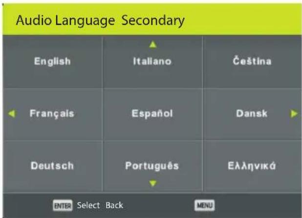 Audio Language Secondary English Italiano Čeština Français Español Dansk Deutsch Português Ελληνικά ENTER Select Back MENU