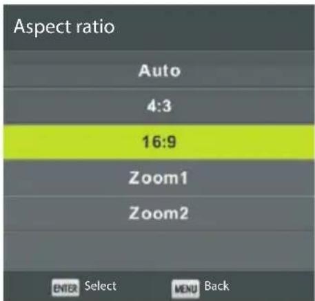 Aspect ratio Auto 4:3 16:9 Zoom1 Zoom2 ENTER Select MENU Back